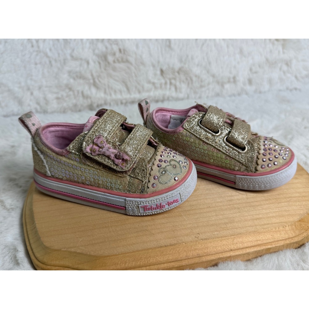 Skechers Twinkle Toes Gold Sequin Pink Bow Sneakers 10764N Toddler Size 6